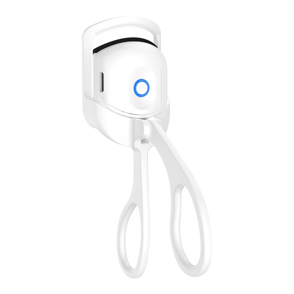 White Electric Eyelash Curler device with a blue light on a white background