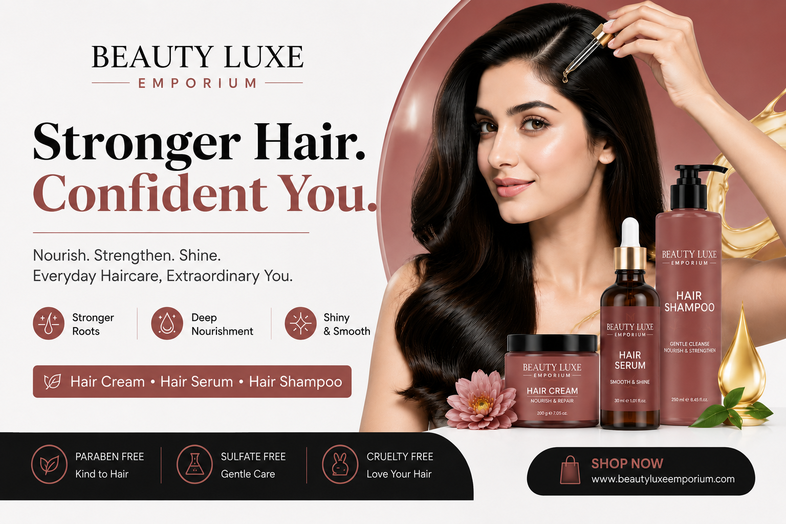Advertisement for Beauty Luxe Emporium hair care products with a woman combing her hair.