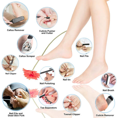 Pedicure Kit-Foot care tools with step-by-step illustrations on a white background