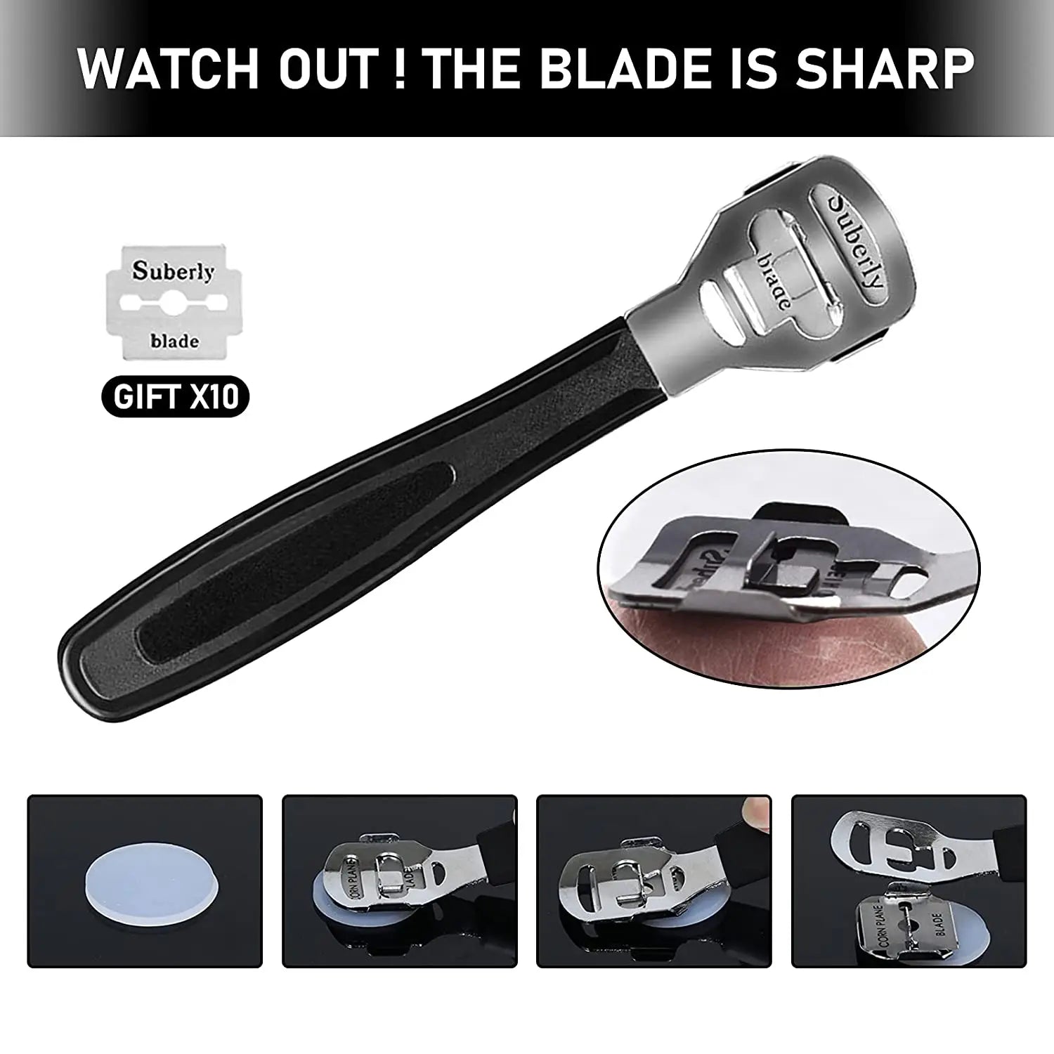 Pedicure Kit-Black and silver razor with multiple blades displayed, warning 'Watch Out! The Blade is Sharp'.