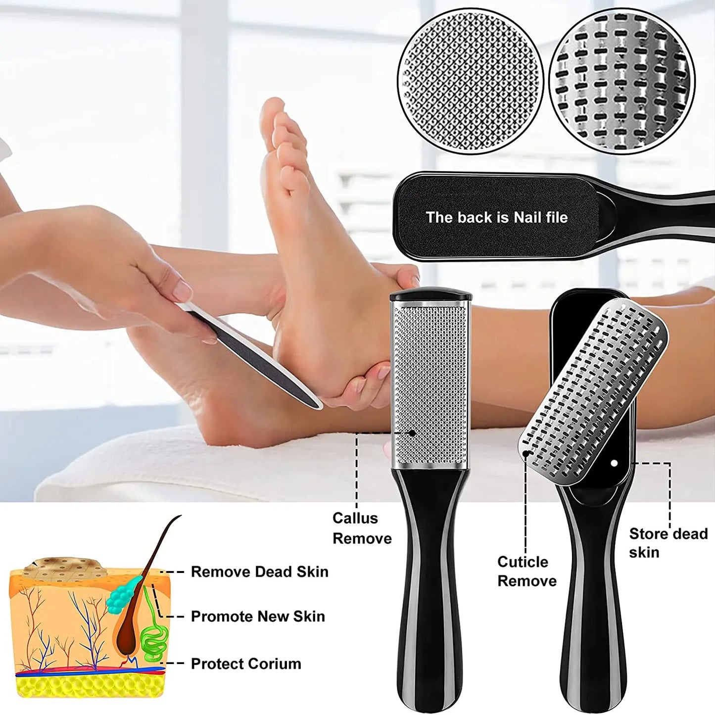 Pedicure Kit-Foot care tool with nail file and brush, showing its functions and benefits.