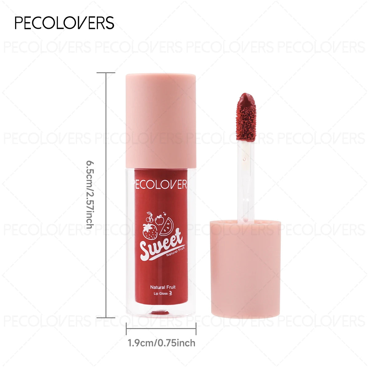 Fruity Lip Gloss with applicator and measurements on a white background, branded 'Pecolovers'