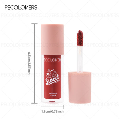 Fruity Lip Gloss with applicator and measurements on a white background, branded 'Pecolovers'