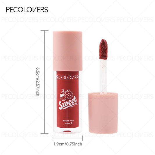 Fruity Lip Gloss with applicator and measurements on a white background, branded 'Pecolovers'