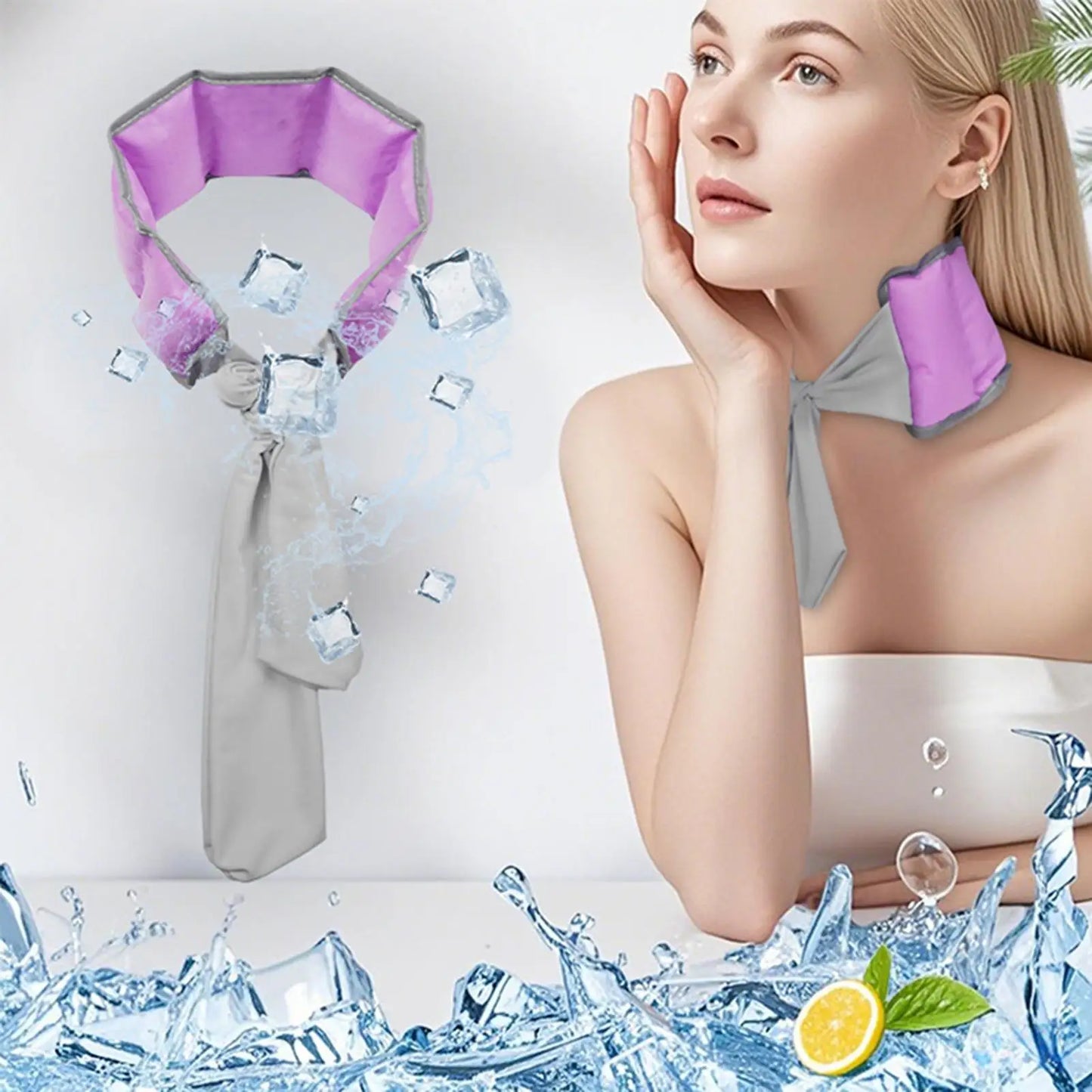 Woman wearing a purple and gray cooling neck wrap with ice cubes and water droplets around her.