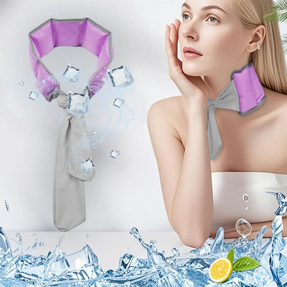Woman wearing a purple and gray cooling neck wrap with ice cubes and water droplets around her.