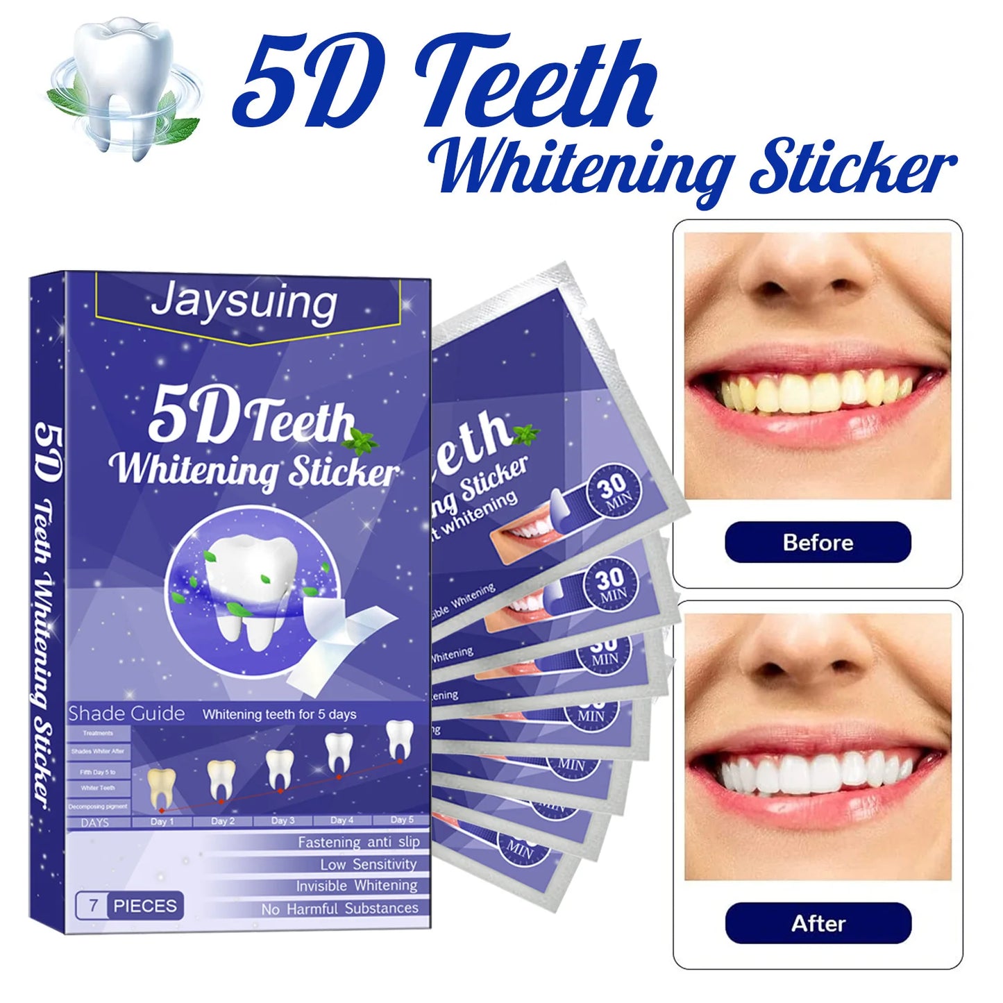 Jaysuing 5D Teeth Whitening Kit  Sticker packaging with before and after effects on a white background