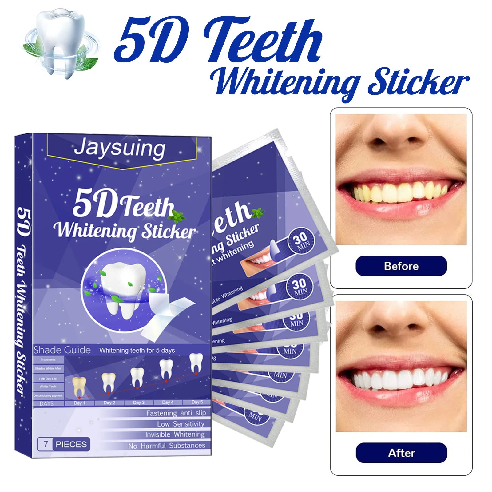 Jaysuing 5D Teeth Whitening Kit  Sticker packaging with before and after effects on a white background