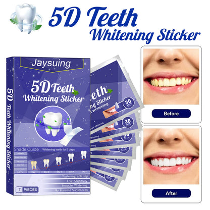 Jaysuing 5D Teeth Whitening Kit  Sticker packaging with before and after effects on a white background
