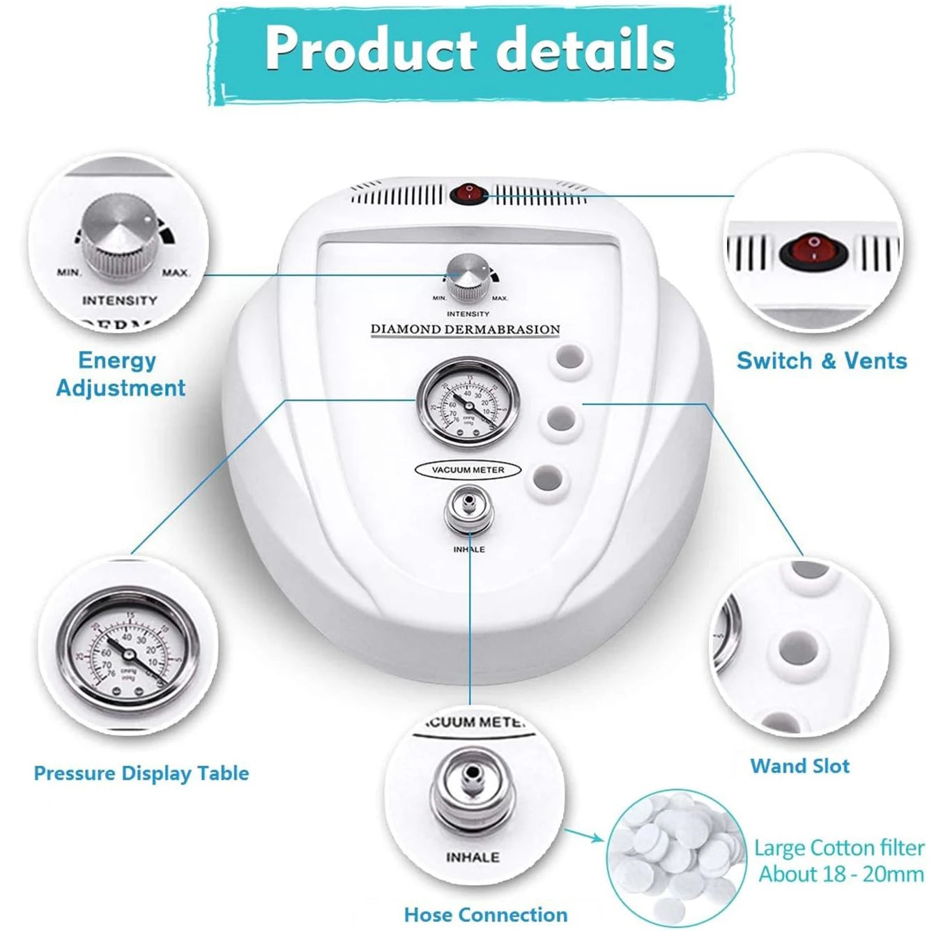 Diagram of a diamond Microdermabrasion Machine with labeled parts on a white background.