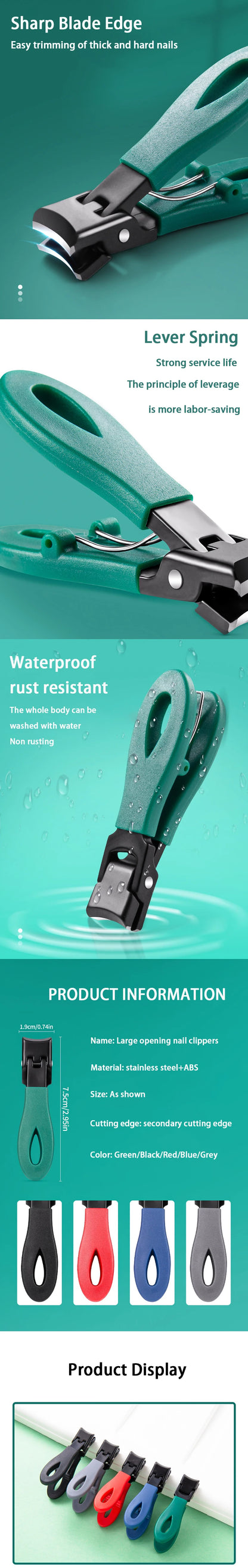 Portable Ultra Sharp Nail Clippers Stainless Steel Wide Jaw Opening Anti Splash Toe Nail Clippers Adult Thick Nails Large Open