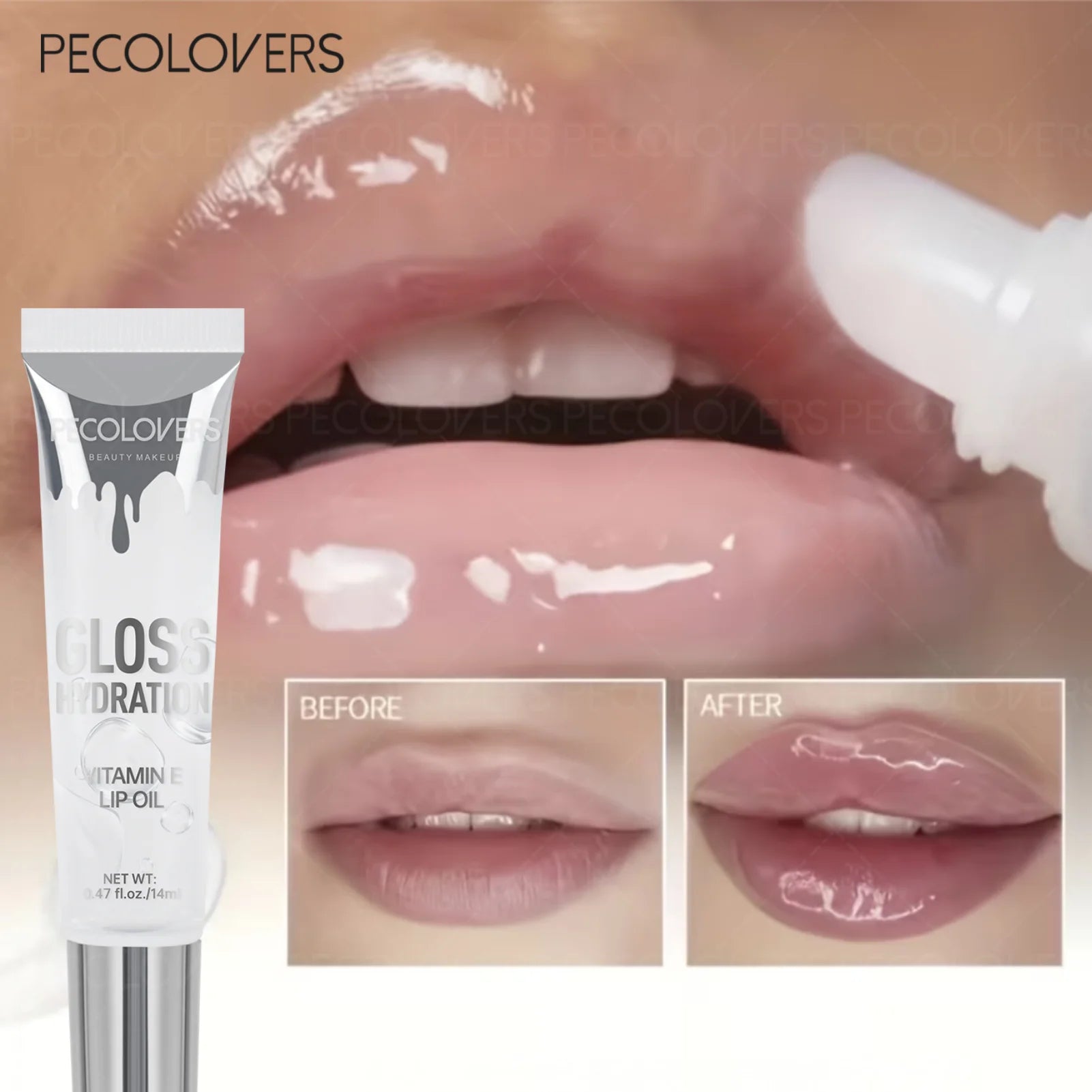 Lip gloss packaging with 'PecoLovers' branding, showing a close-up of lips before and after application.