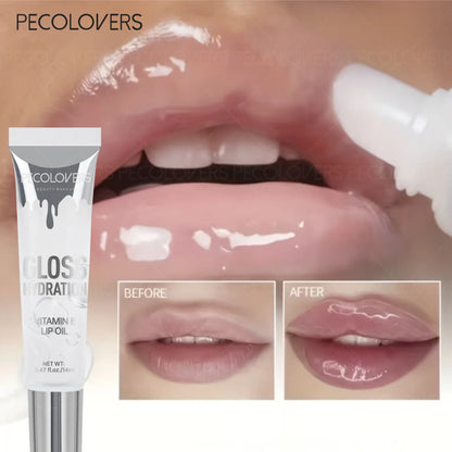 Lip gloss packaging with 'PecoLovers' branding, showing a close-up of lips before and after application.