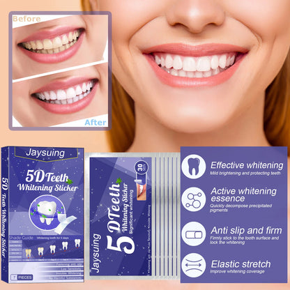 Jaysuing 5D Teeth Whitening Kit  Sticker packaging with before and after effects on a white background