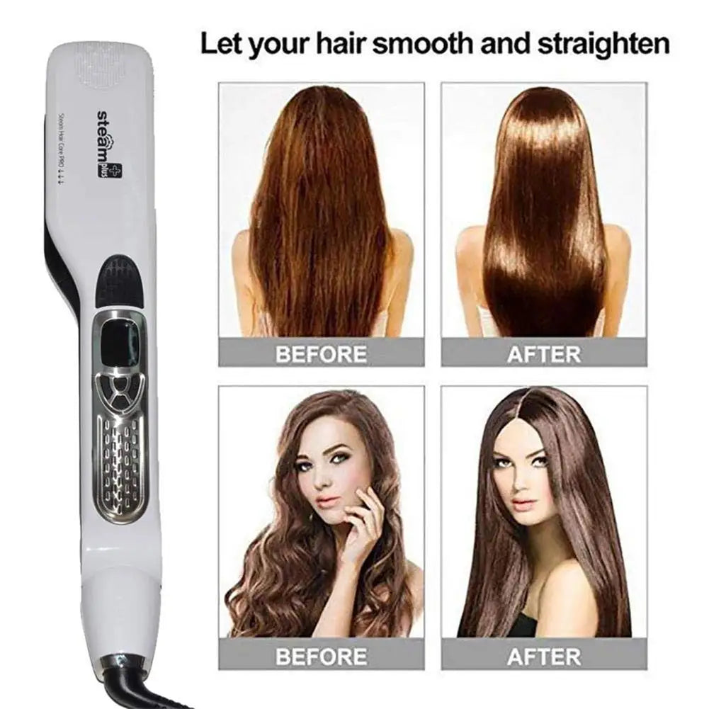 Hair Straightener Flat Iron with before and after results on a white background