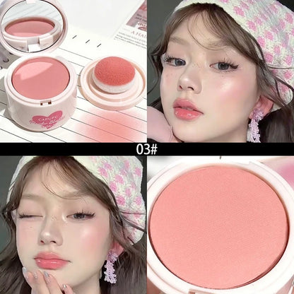 Makeup product with close-up of application on a person's face, showing color swatch. Powder Blush Palette