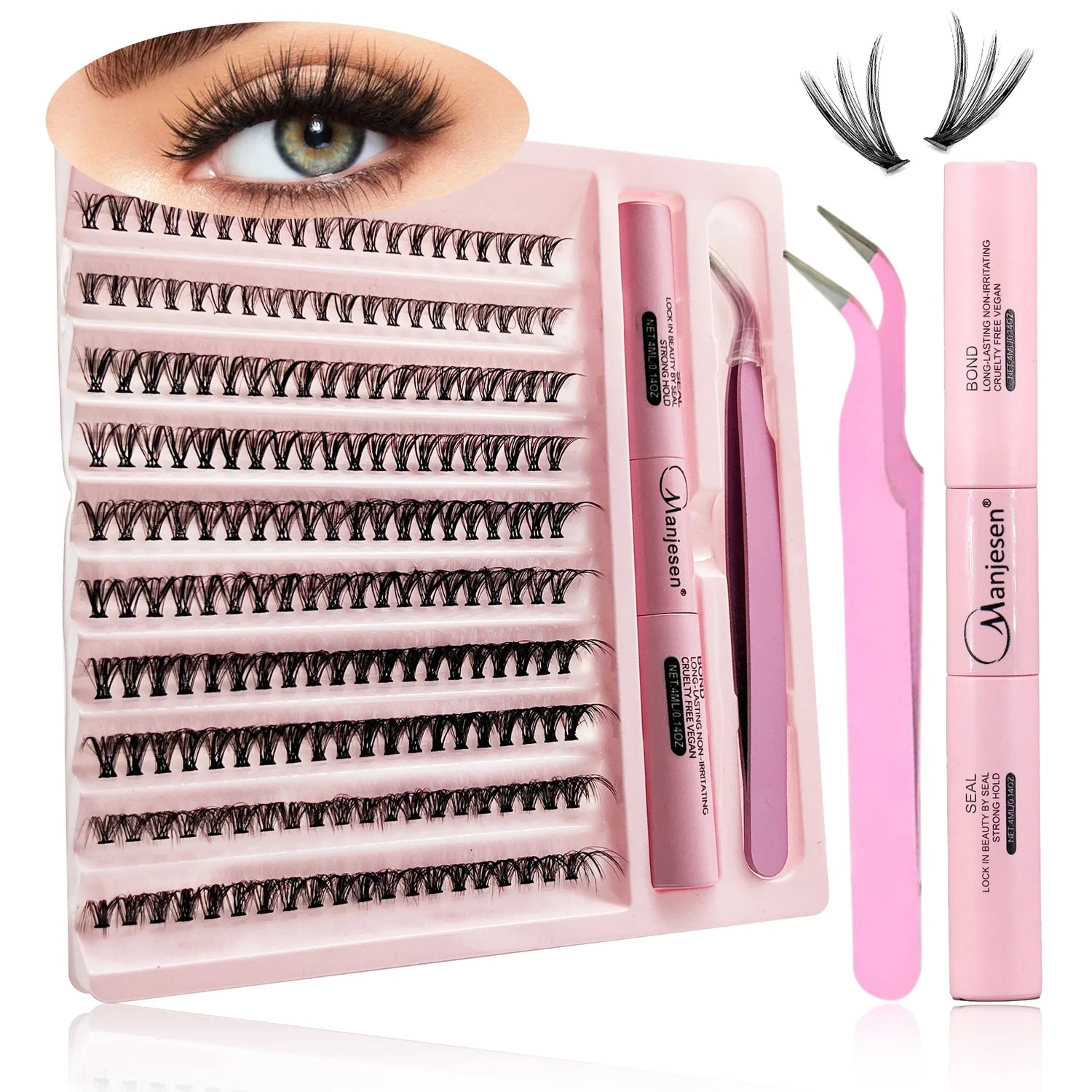 FalseEyelash Extension Kit set with tools and Manisjen branding on a white background