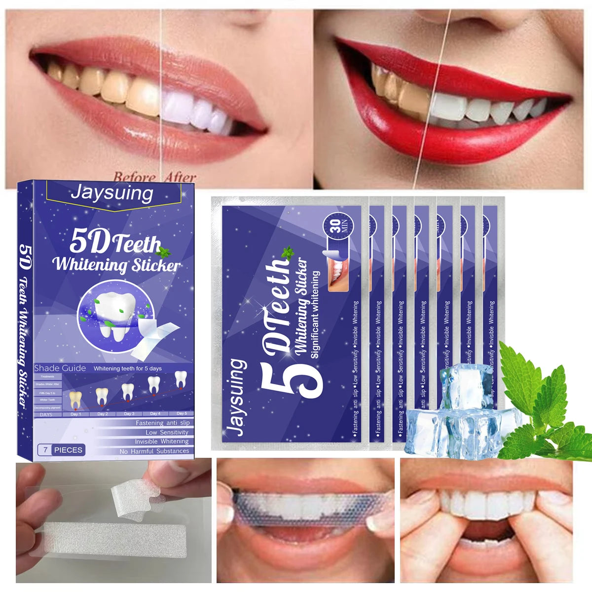 Jaysuing 5DTeeth Whitening Kit  Sticker packaging with before and after effects on teeth.