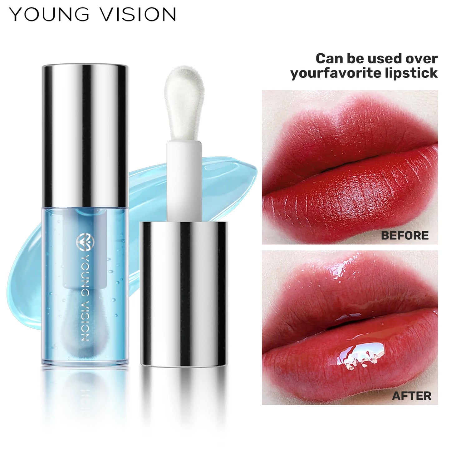 Glass Lip Gloss applicator with before and after effect on lips, branded 'Young Vision'.