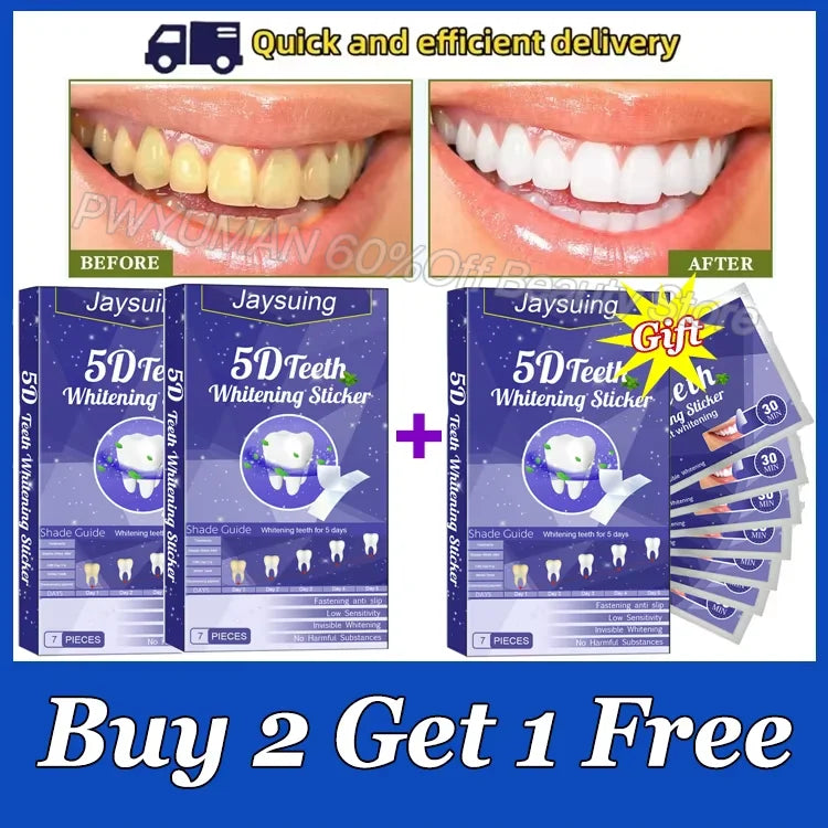 Jaysuing 5D Teeth Whitening Kit  Sticker packaging with before and after effects on a white background