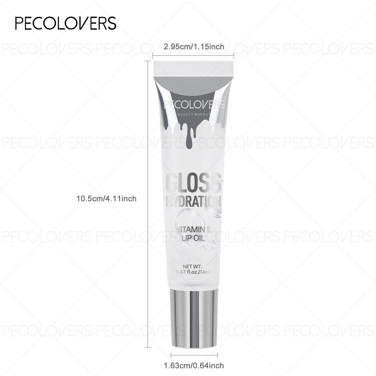 Pecolovers lip oil tube with dimensions on a white background