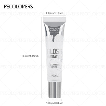 Pecolovers lip oil tube with dimensions on a white background