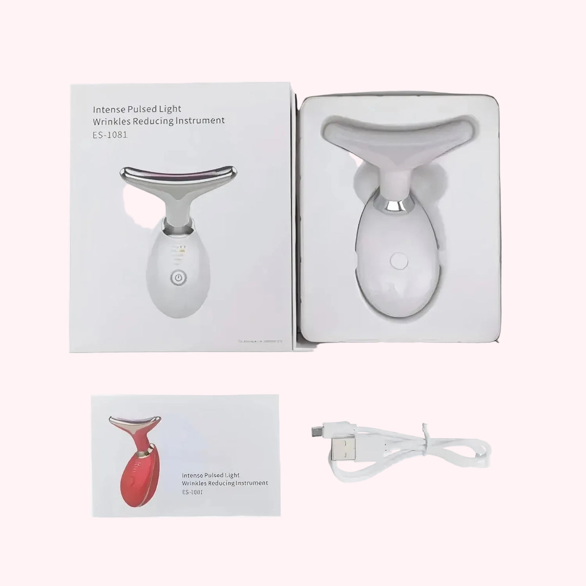 Intense pulsed light wrinkles reducing instrument with packaging, LED Face Massager  USB cable, and user manual on a white background.