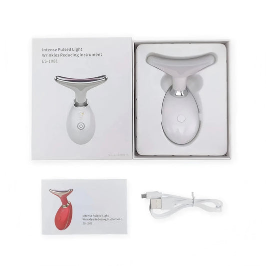 Intense pulsed light wrinkles reducing instrument with packaging, LED Face Massager  USB cable, and user manual on a white background.