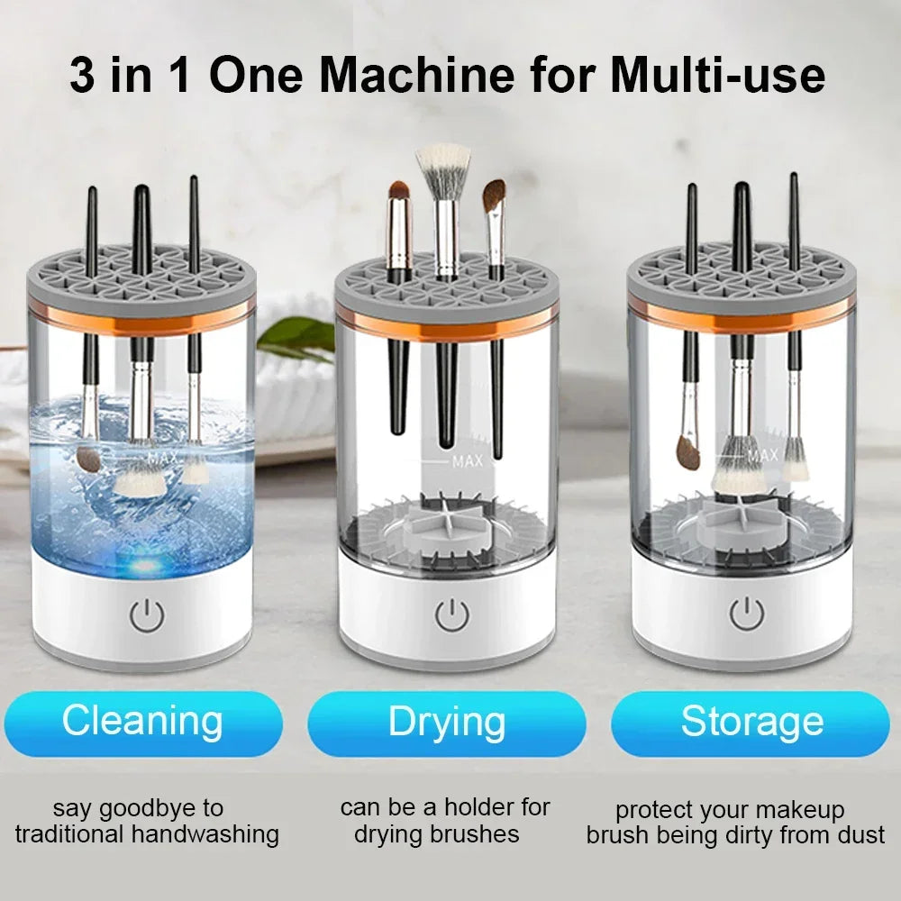 Three-in-one Makeup Brush Cleaner, drying, and storage machine on a light background.