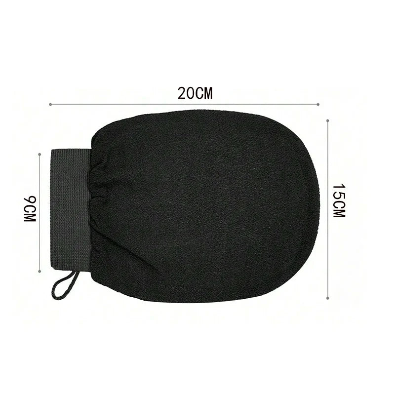 Black Exfoliating Glove with dimensions labeled on a white background