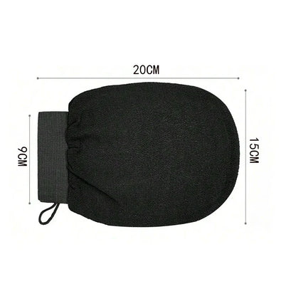 Black Exfoliating Glove with dimensions labeled on a white background