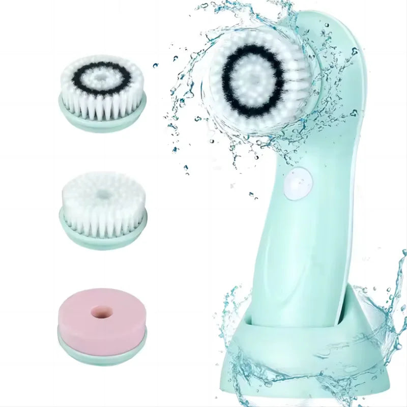 Portable Facial Cleansing Brush with multiple heads and water splashes on a white background