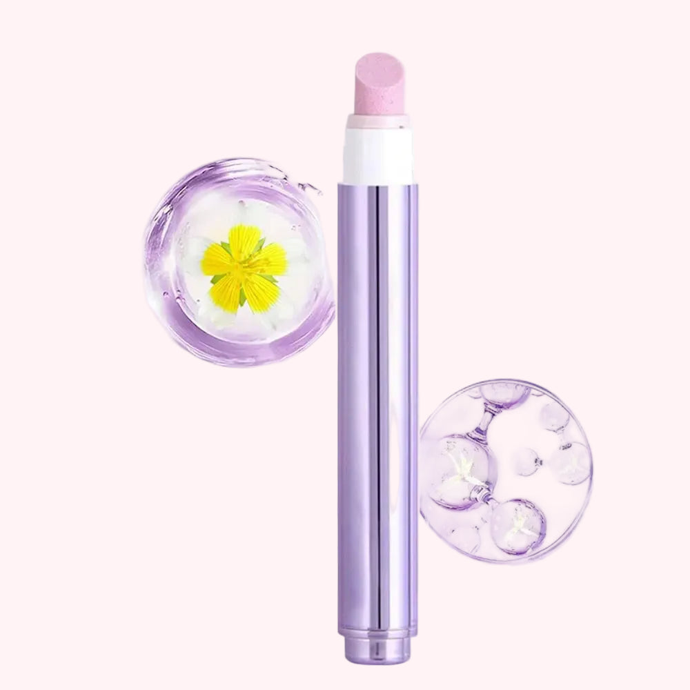 Purple Cuticle Oil Pen stick with floral design on a white background