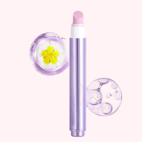 Purple Cuticle Oil Pen stick with floral design on a white background