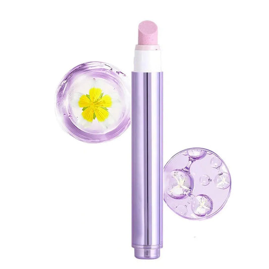 Purple Cuticle Oil Pen stick with floral design on a white background