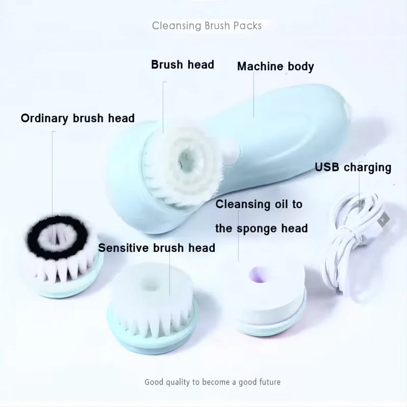 Facial Cleansing Brush pack with labeled parts on a white background