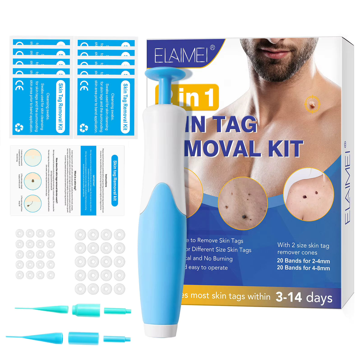 Elaimi Skin Tag Remover Kit with packaging, tool, and bandages on a white background