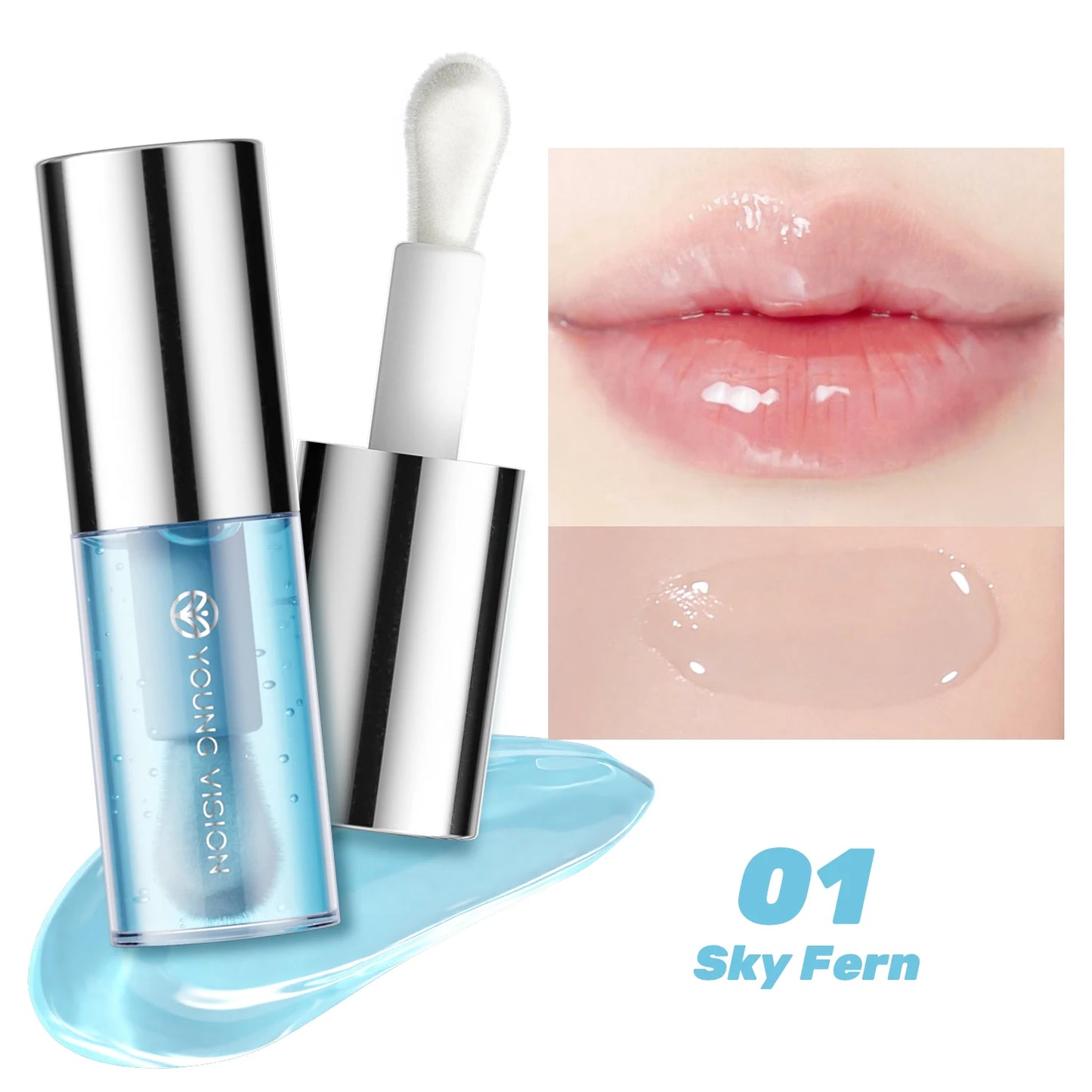 Glass Lip Gloss with applicator and close-up of lips wearing the product, labeled '01 Sky Fern'.