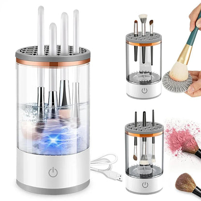 Makeup brush cleaner with various brush types on a white background