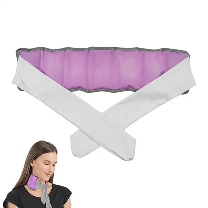 Cooling Neck Wrap pillow with purple and gray design worn by a person on a white background