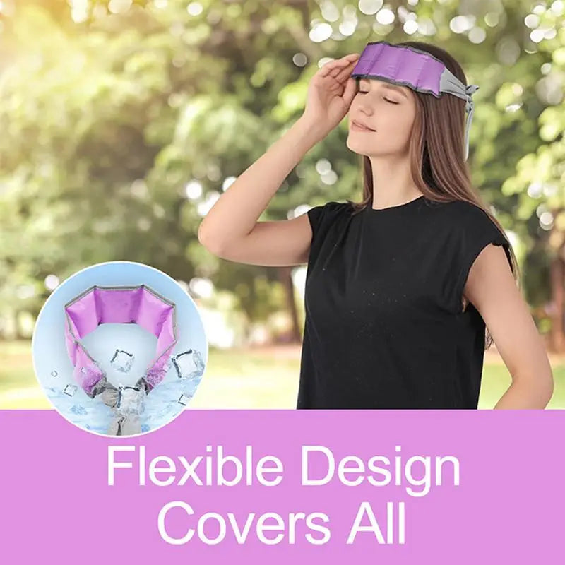 Woman wearing a purple Cooling Neck Wrap with a blurred outdoor background