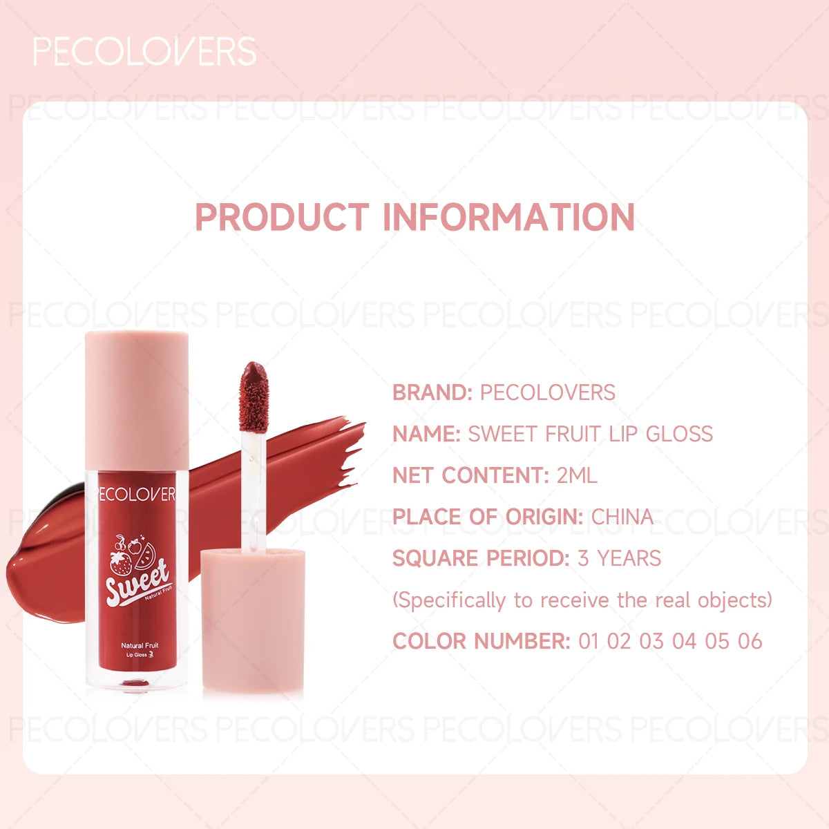 Fruity Lip Gloss Product information card for a lip gloss with PECOLOVERS branding on a pink background.