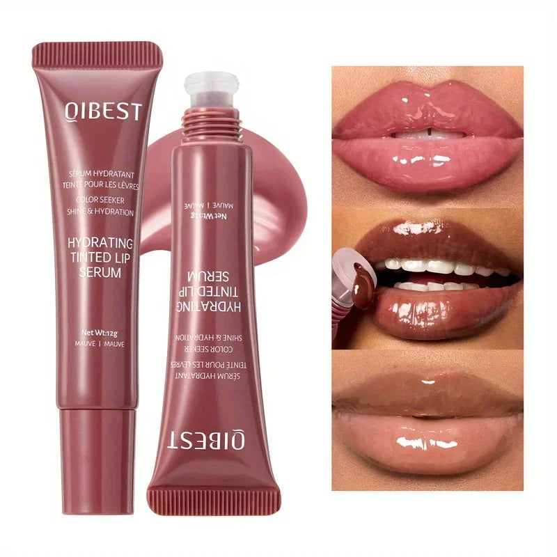 QIBEST lip serum packaging with close-up of lips wearing the product, Coloured Lip Gloss 