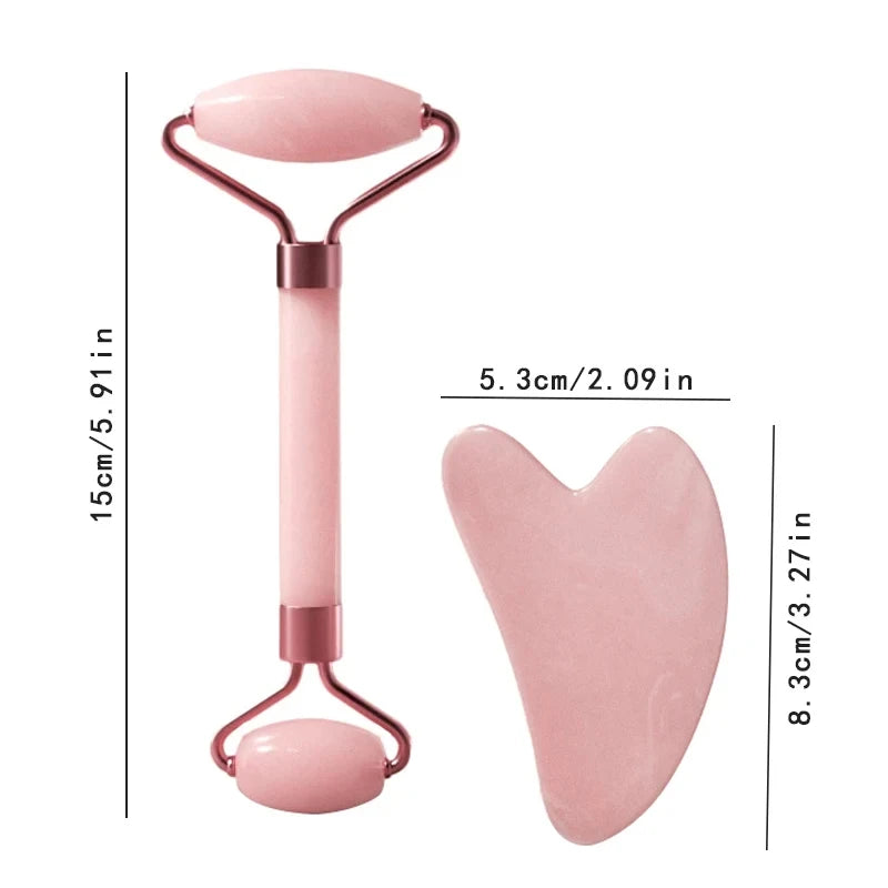 Pink Jade Roller for Face  and gua sha tool with measurements on a white background