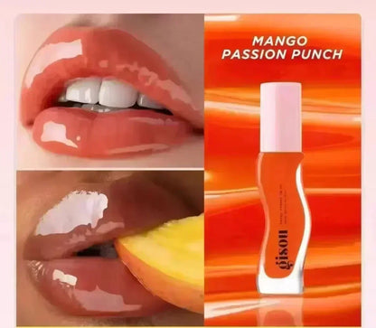 Lipstick with 'Mango Passion Punch' color swatch on lips and product image.