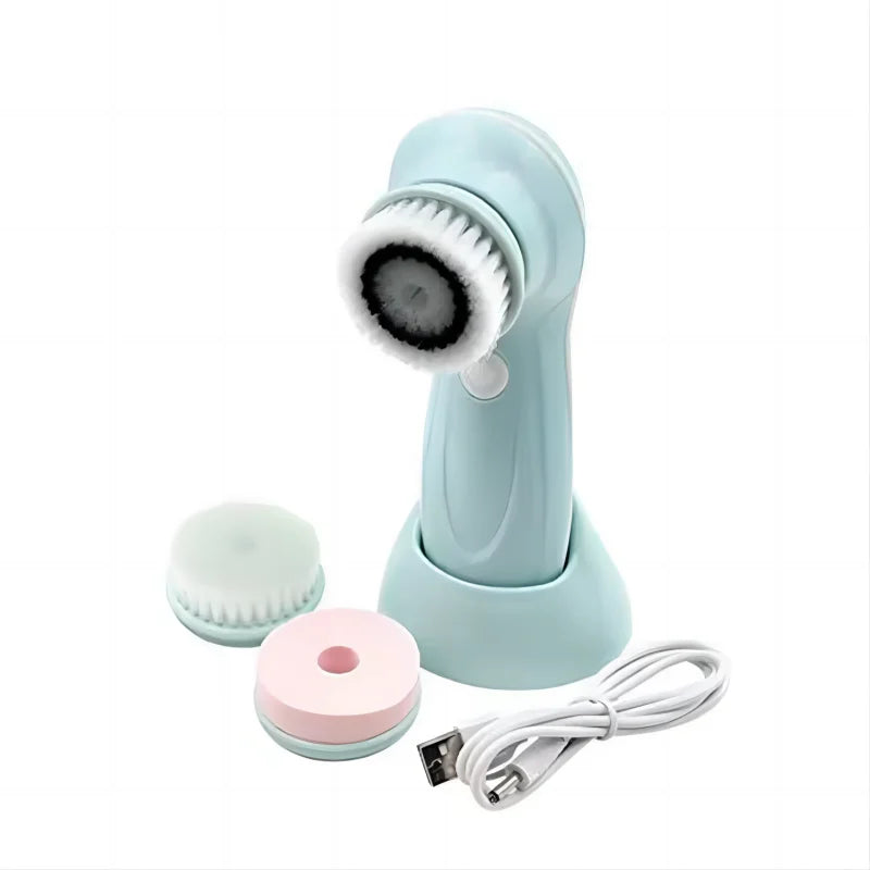 Facial Cleansing Brush Skincare device with attachments and USB cable on a white background