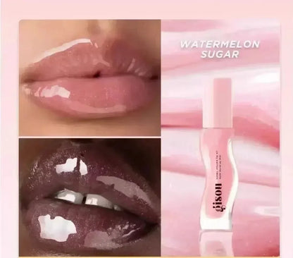 Lip gloss with close-up shots of lips wearing it, labeled 'Watermelon Sugar'.