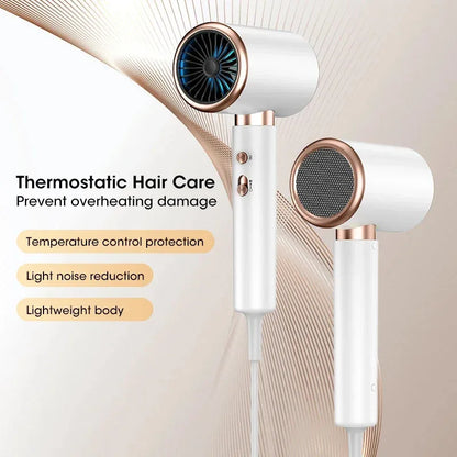 White High Speed Hair Dryer  with rose gold accents on a beige background, featuring text about thermostatic hair care.