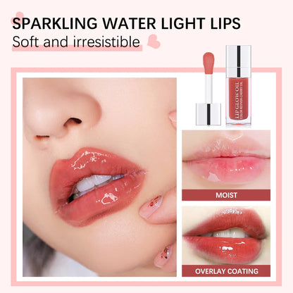Moisturising Lip Balm Oil  advertisement with close-up of lips, product packaging, and text 'Sparkling Water Light Lips'.