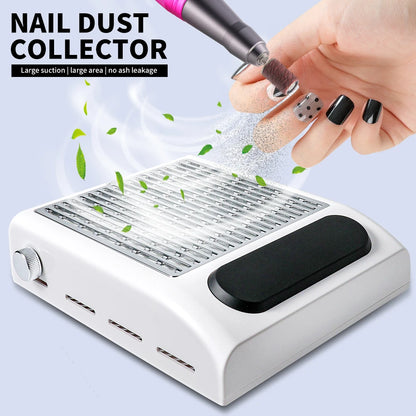 Nail dust collector with a hand using a nail drill to collect nail dust into the device.